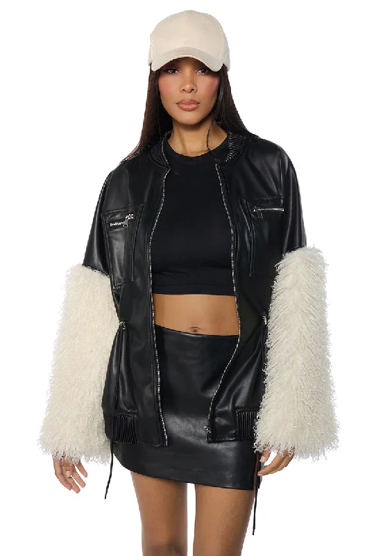 A LITTLE BIT MORE PU JACKET WITH FAUX FUR SLEEVES AND CINCHED WAIST DETAILING