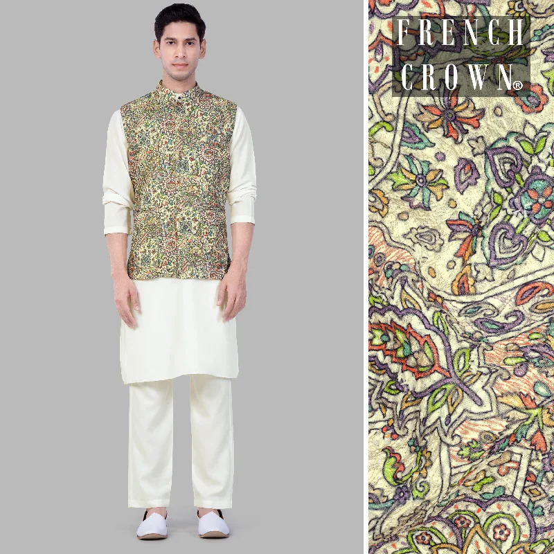 Albescent Cream Kurta Set With Eggshell Cream And Faded Purple MultiColour Embroidered Nehru Jacket