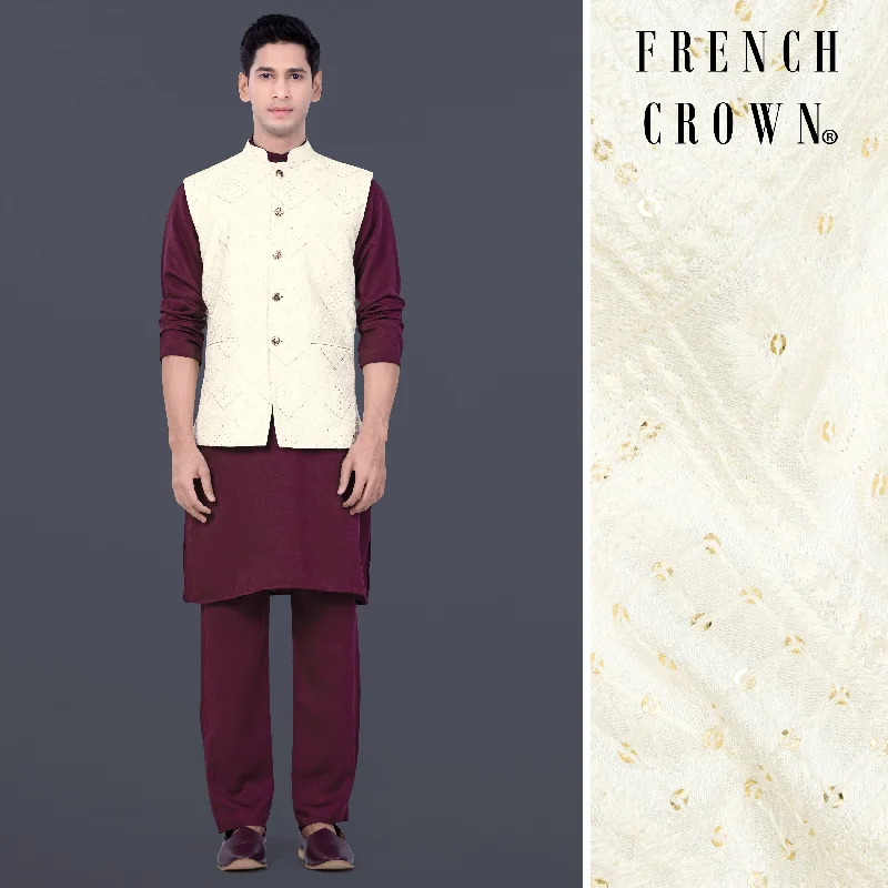 Aubergine Maroon Kurta Set With Eggshell Cream Trellis Sequin And Thread Embroidered Nehru Jacket