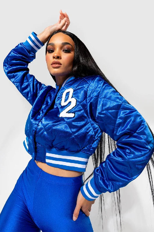 NO CAP CROPPED SATIN VARSITY BOMBER