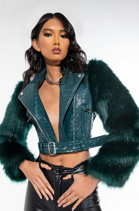 AZALEA WANG NOLLA FAUX FUR ARMS CROC MOTO JACKET