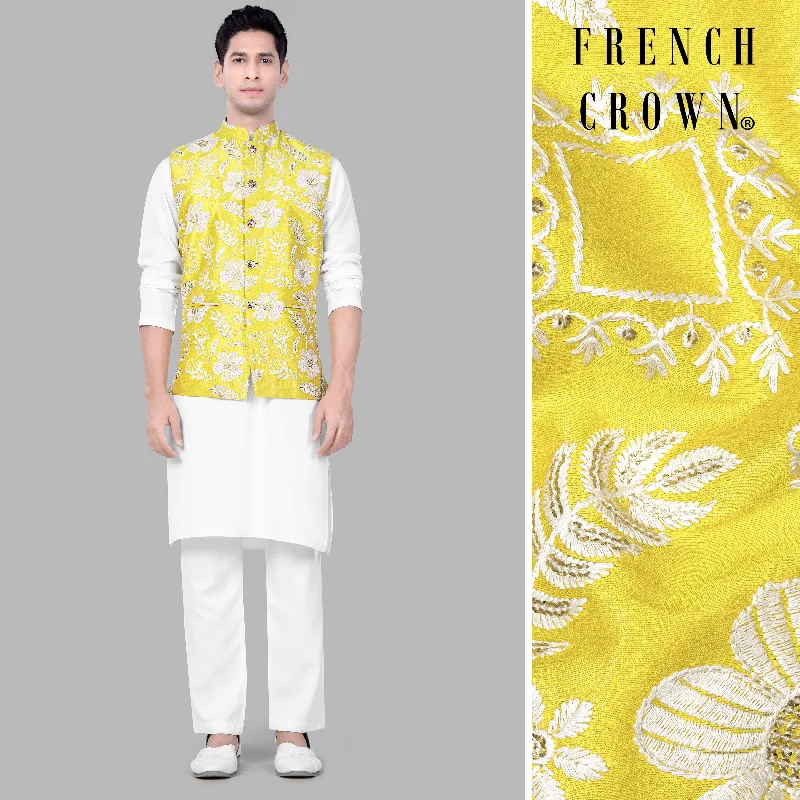 Bisque Beige Kurta Set With Dandelion Yellow And Bright White Floral Sequin And Thread Embroidered Nehru Jacket