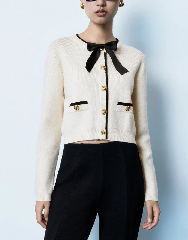 Bow Decor Crew Neck Knitted Cardigan