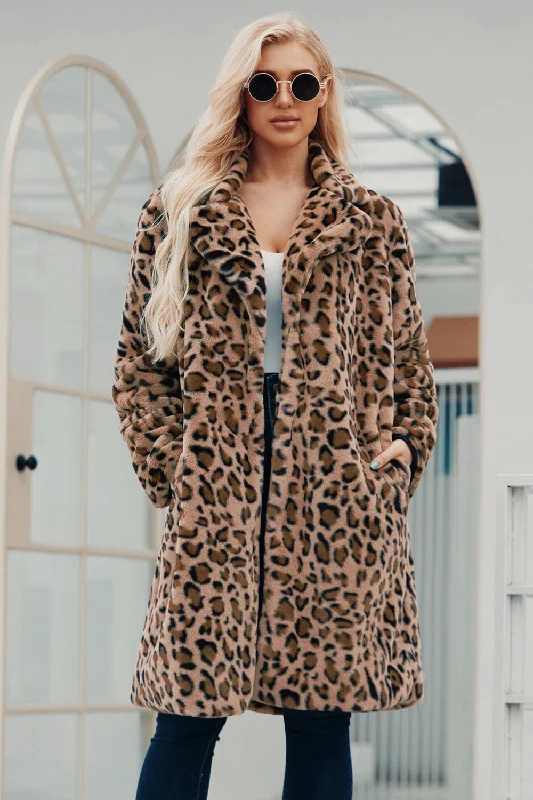 Brown Notched Lapel Leopard Printed Long Women Faux Fur Coat