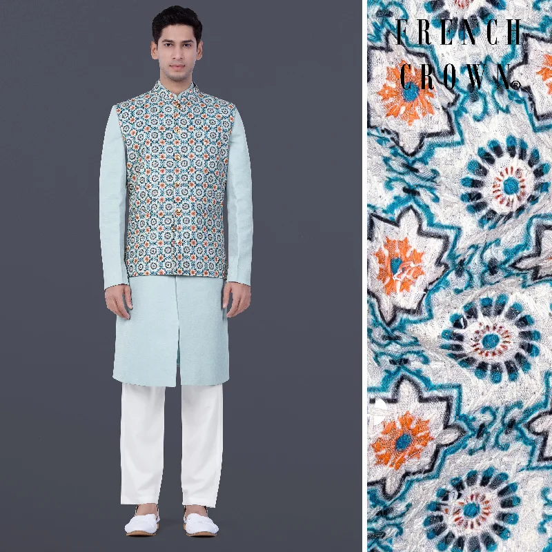 Celeste Blue Kurta With Persian Blue And Crusta Orange hexagon Thread Embroidered Nehru Jacket