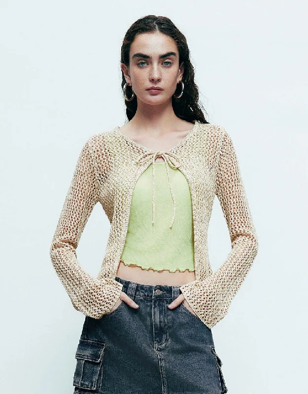 Crochet Tie Front V-Neck Knitted Cardigan