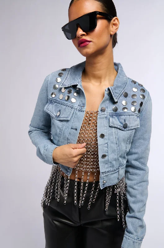 CROPPED DENIM JACKET WITH CIRCLE STUDS