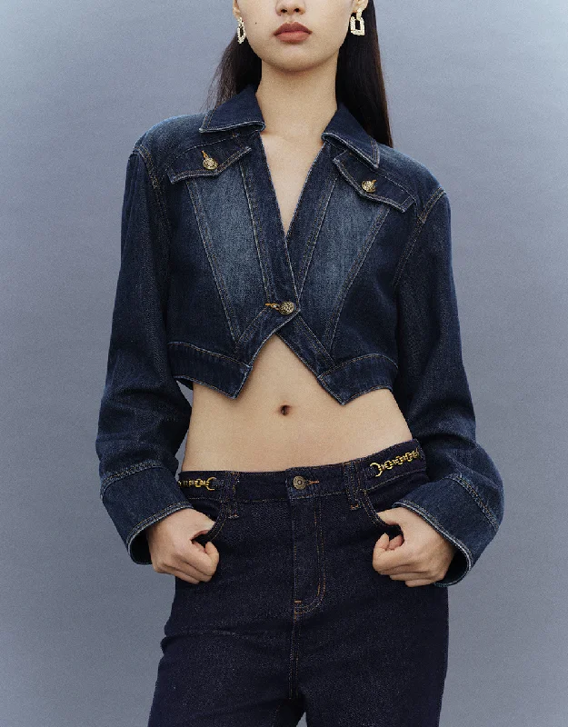 Cropped One Button Denim Jacket