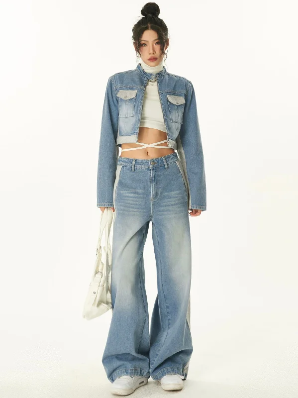 Dallas Patchwork Denim Blue Cropped Jeans Jacket High Waist Straight Leg Denim Jeans Pants Matching Set