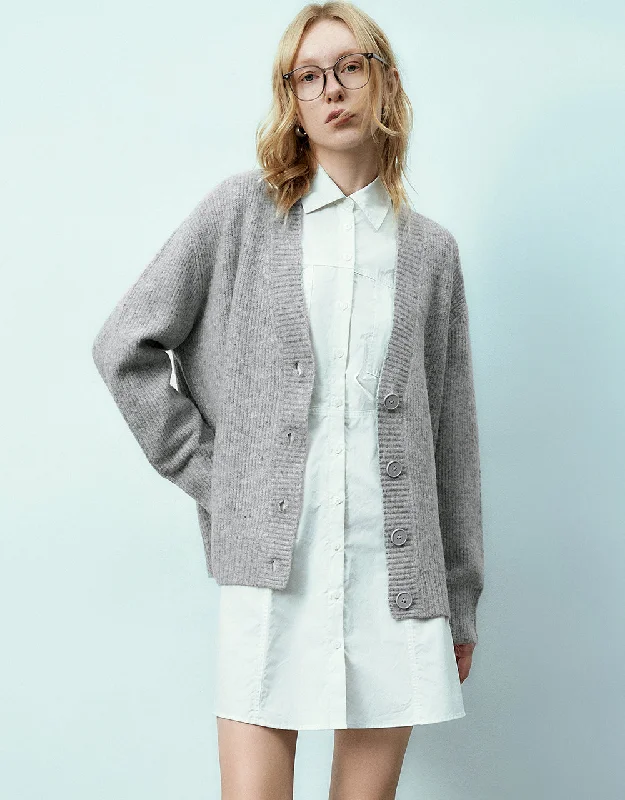 Drop Shoulder Sleeve V-Neck Knitted Cardigan