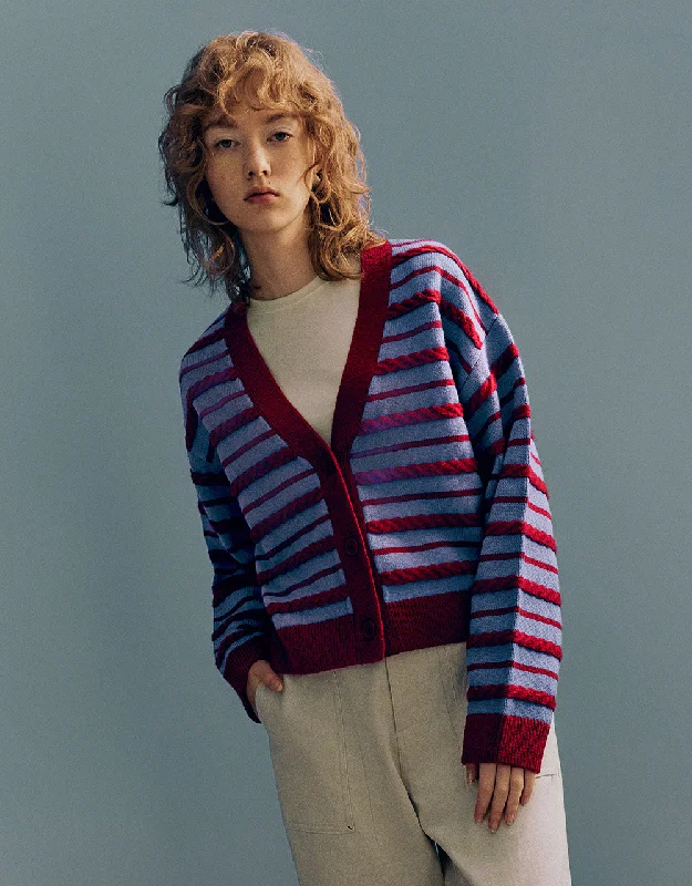 Striped V-Neck Knitted Cardigan