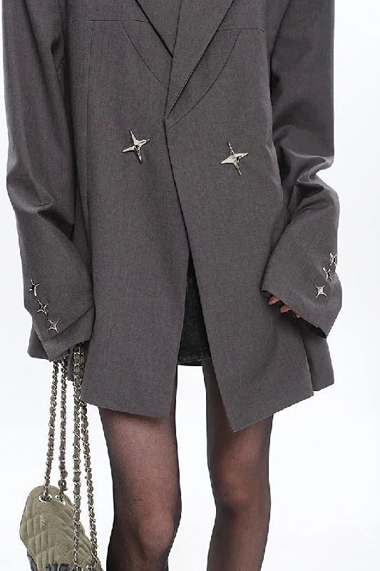 Elliana Solid Color Silver Twinkle Star Embroidery Brooch Long Sleeve Blazer Jacket