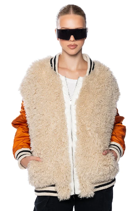 FUR BODICE NYLON VARSITY BOMBER