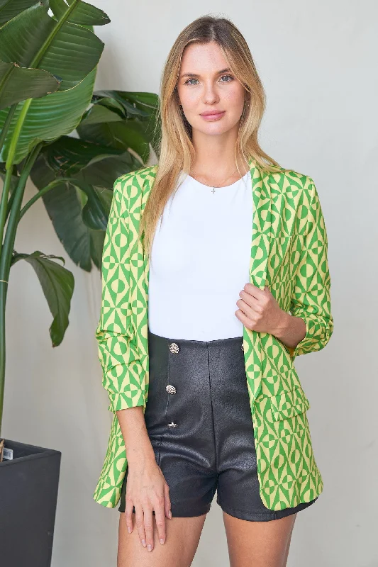 Geometric Print Ruched Sleeve Blazer