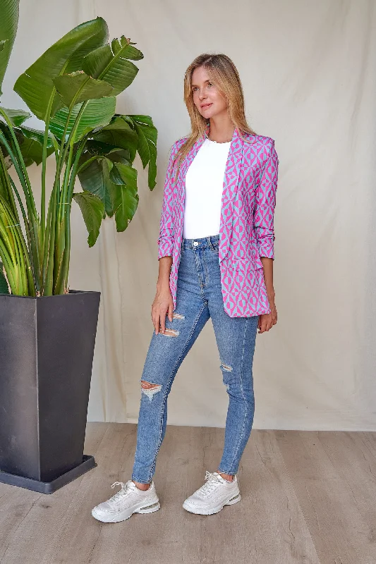 Geometric Print Ruched Sleeve Blazer