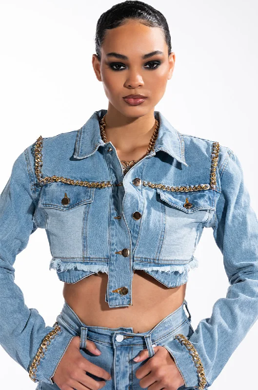 GOLD CHAIN HEM CROP DENIM JACKET