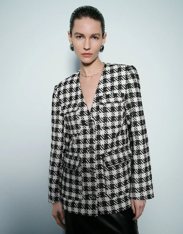 Houndstooth V-Neck Denim Jacket