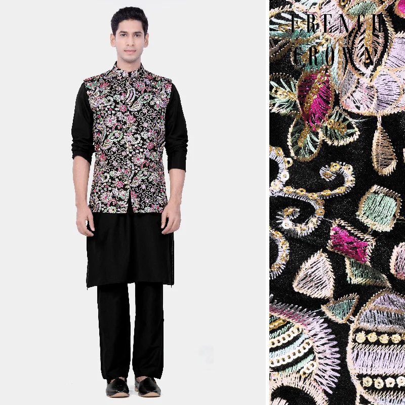 Jade Black And Amethyst Purple MultiColour Designer Embroidered Kurta Nehru Jacket Set