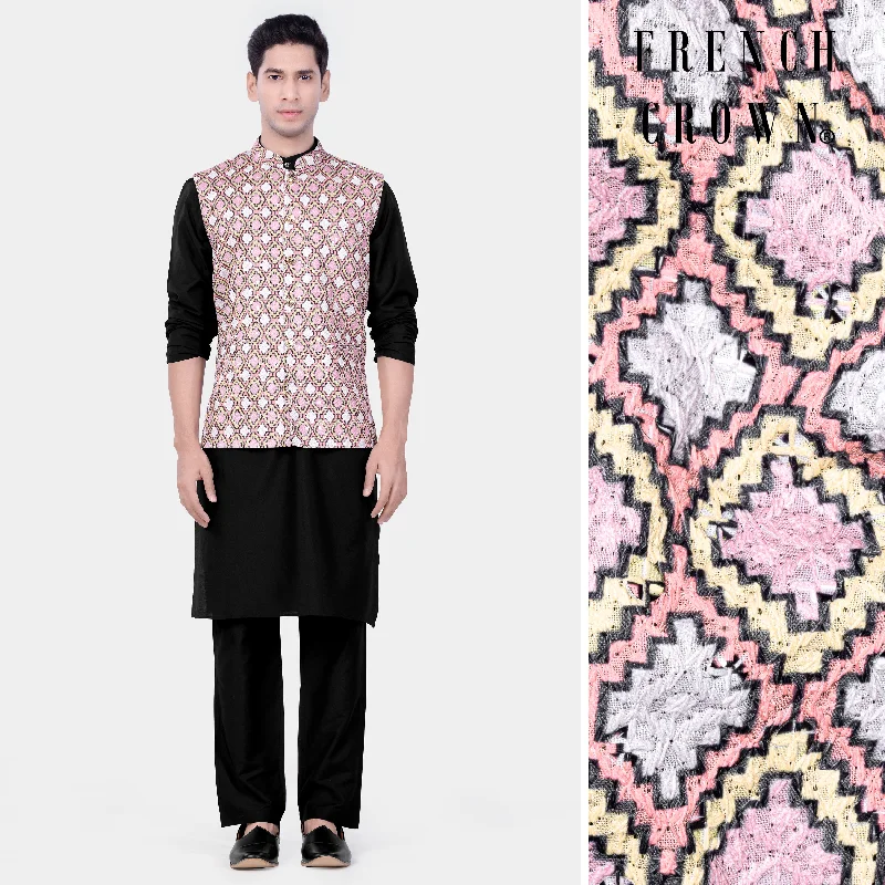 Jade Black Kurta Set With Azalea Pink And Astra Yellow MultiColour Designer Embroidered Nehru Jacket