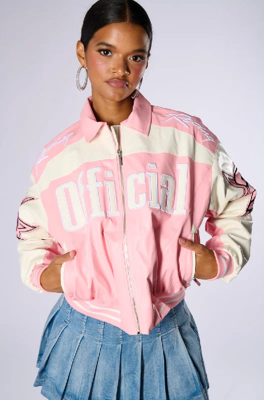 KEEP IT MOVING MOTO BOMBER IN LIGHT PINK