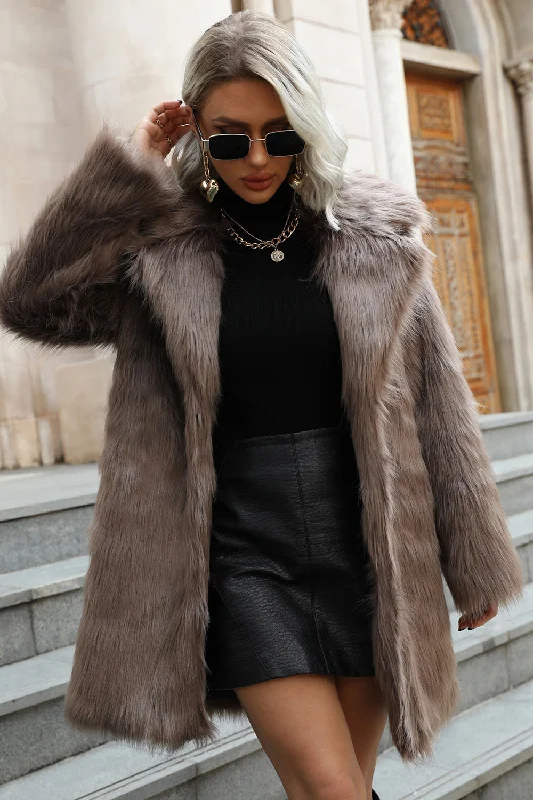 Khaki Midi Lapel Neck Women Faux Fur Coat