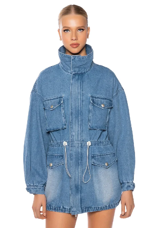 KICKSTART CINCHED WAIST DENIM JACKET