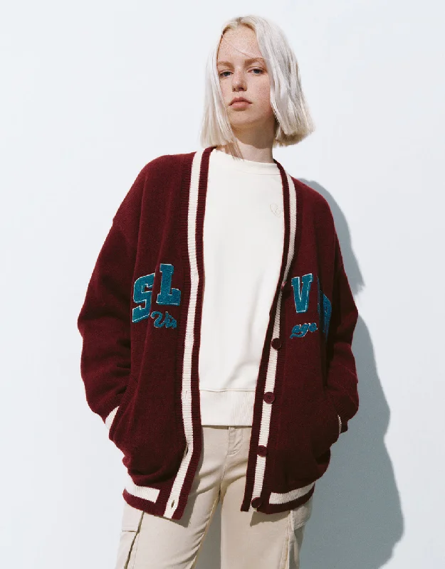 Letter Embroidered V-Neck Knitted Cardigan