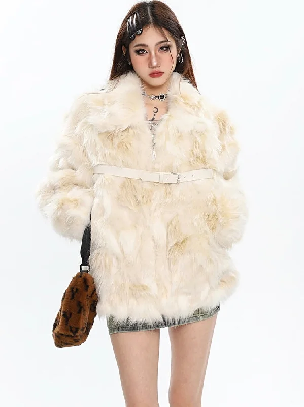 Loreila Faux Fur Zip Up Leather Belt Strap Long Sleeve Jacket