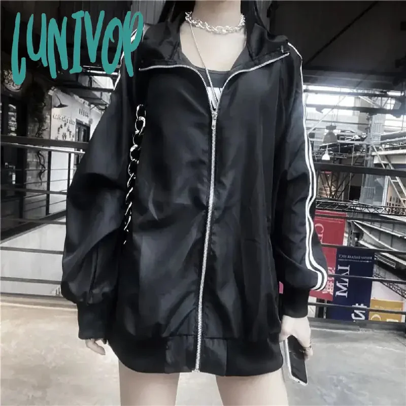 Lunivop 2024 All Match Korean Fashion Women Jacket Loose Streetwear Grunge Casual Tops Harajuku Striped Long Sleeve  Zipper Coat