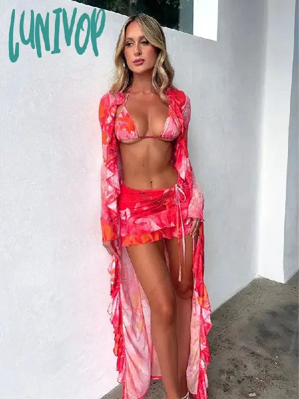 Lunivop 3Piece Sets Red Printed Y2K Style Bikini Kimono Cardigan Women's Swimsuit Sexy High Waist Long Sleeve Bikinis Sets Swimwear