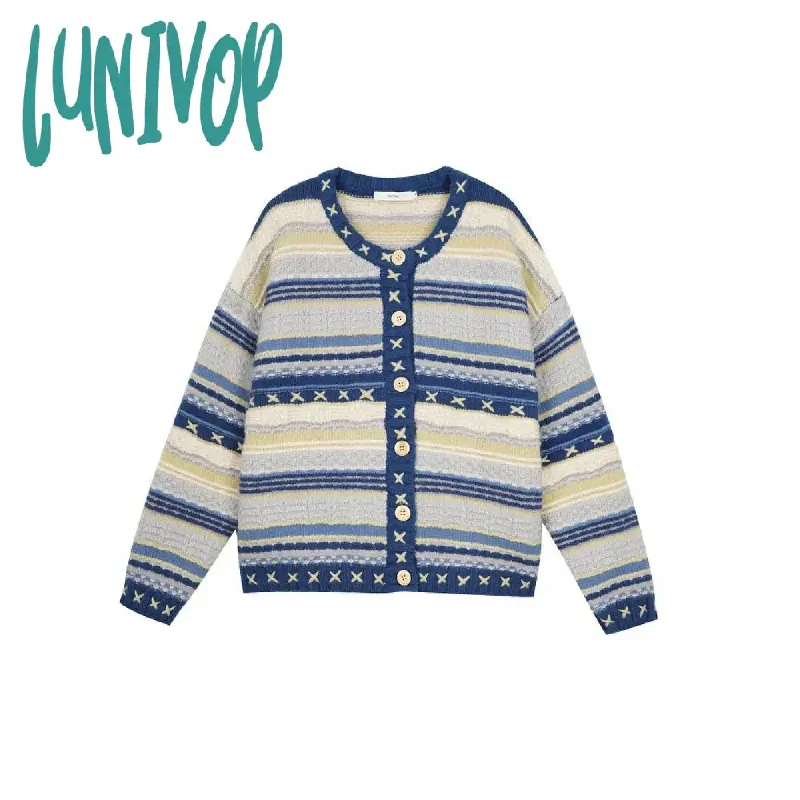 Lunivop Autumn Vintage Cardigan Sweater Blue Long Sleeve Sweater Coat V-neck Casual Knitted Jumpers Womens Korean Style Clothes