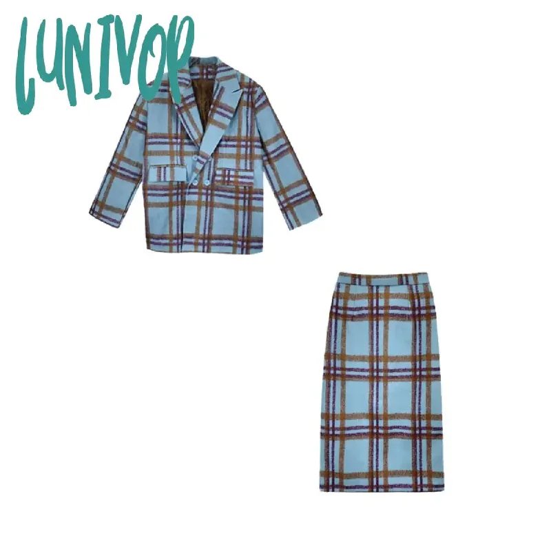 Lunivop Autumn Winter Female Fashion Casual Blue Plaid 2 Piece Set Vintage Long-sleeve Minimalist Woolen Top Overcoat+Mid Skirt