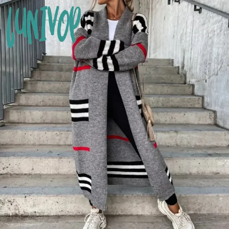 Lunivop Autumn Winter Knitted Cardigan Women Striped Patchwork Elegant Loose Long Outerwear Maxi Y2k Sweater Coat Soft Jacket