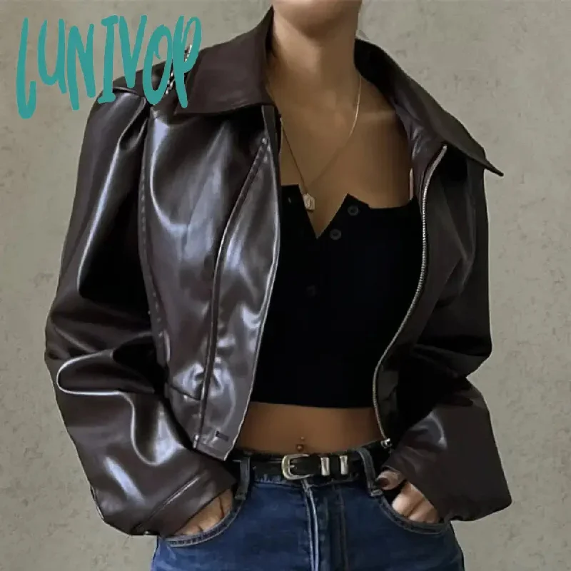 Lunivop Autumn Winter PU Faux Leather Jacket for Women Long Sleeve Turn-down Neck Vintage Casual Coats & Jackets Cardigans Women Jacket