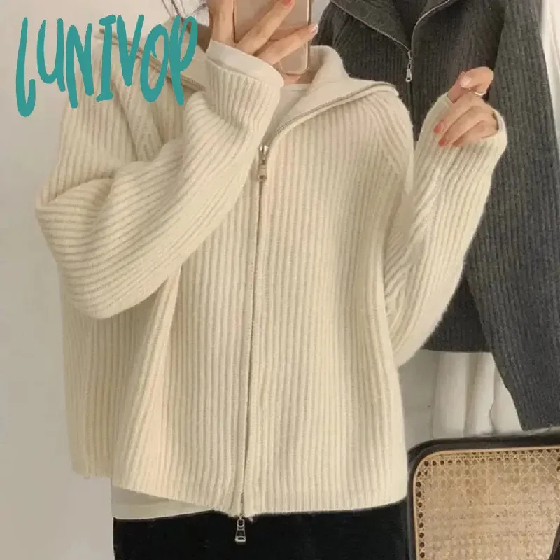 Lunivop Casual Knitted Cardigan Sweaters Women Autumn Vintage Zip-up Solid Loose Long Sleeve Tops Knitwear Chic Kpop