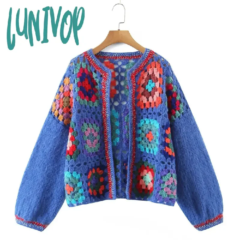 Lunivop Casual Long Sleeve Cardigan Sweater for Women Vintage Ethnic Plaid Long Sleeve Autumn Sweaters Knit Oversize Jumper