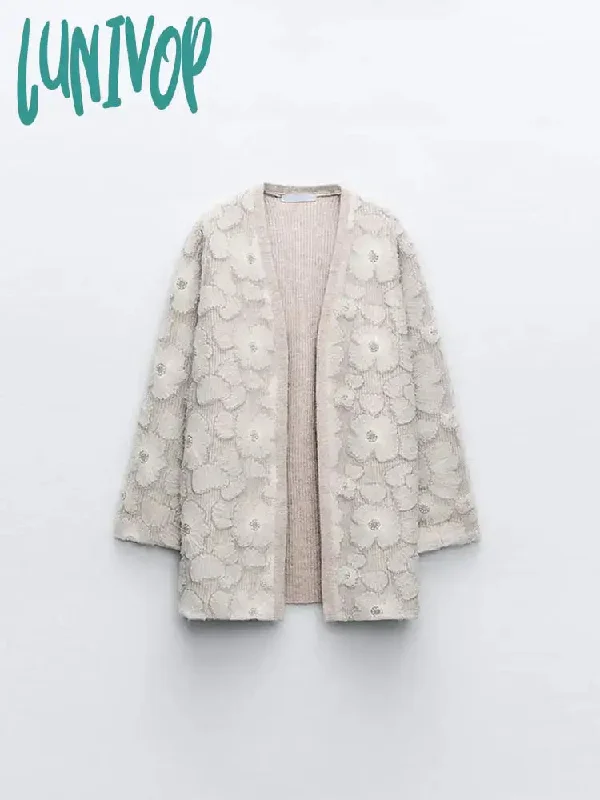 Lunivop Chic Lace Floral Open Stitch Coats Fashion Solid V Neck Long Sleeve Cardigan  Autumn Winter Women Versatile Outerwear