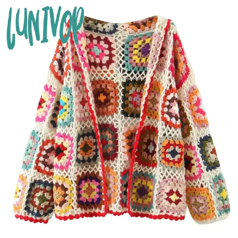 Lunivop Colorful Floral Hollow-Out Hook Women's Knit Hooded Cardigan Loose Long Sleeved Handmade Top  Autumn Lady Fashion Sweater