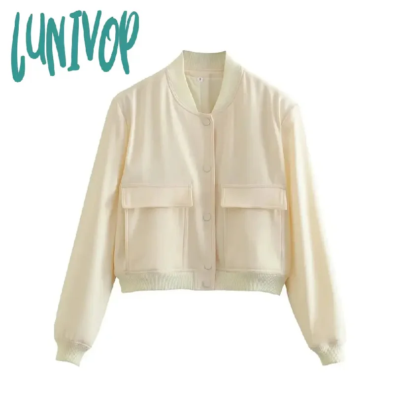 Lunivop Elegant Solid Pocket Short Jacket Women Casual O Neck Long Sleeve Coat Tops Spring Autumn Chic Female Single Breasted Outwear