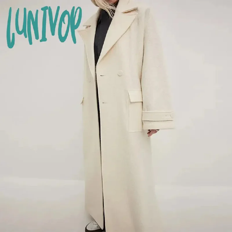 Lunivop Elegant Solid Women's Lace Up Long Overcoat Chic Lapel Double Breasted Pockets Peacoat Winter Lady Fashion Warm Outerwear