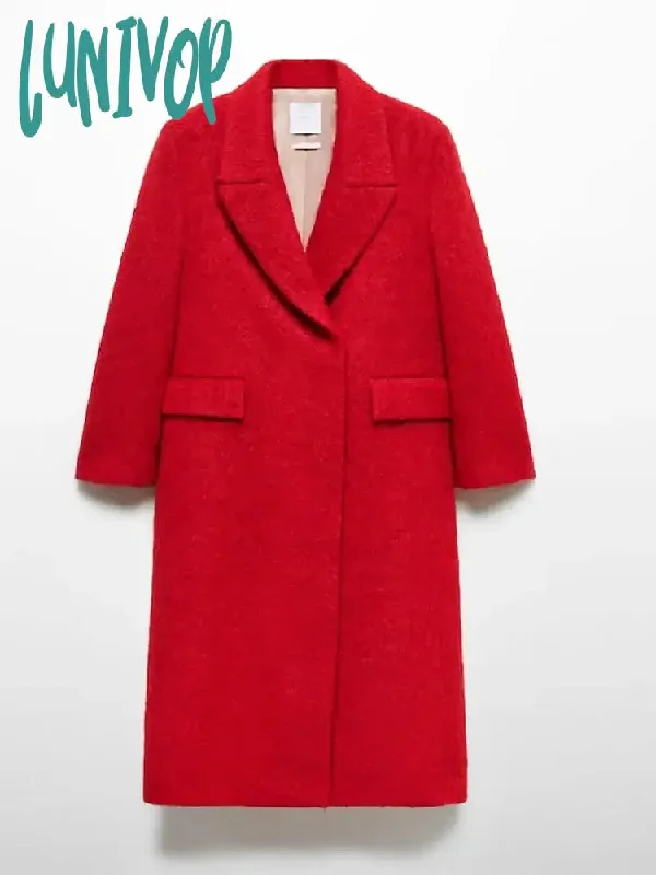 Lunivop Fashion Red Woolen Blends Coat For Women Casual Loose Lapel Long Sleeve Pockets Thick Peacoat Winter Lady Spirited Overcoat