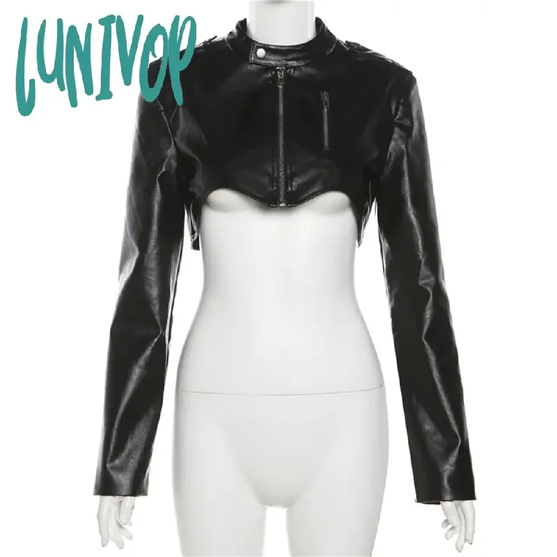 Lunivop Goth Dark Zipper Cyber Gothic Y2k Crop Jackets Grunge Punk Style Faux Leather Coats Female Fashion Streetwear Irregular Hem Coat