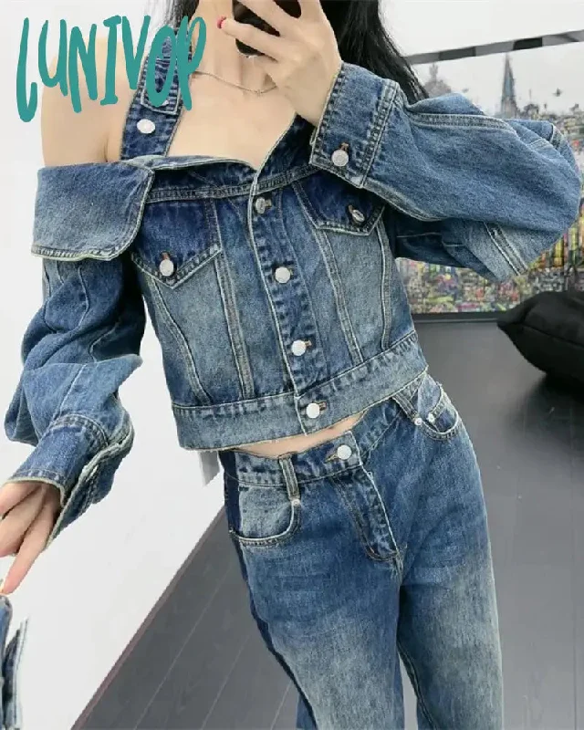 Lunivop Halter Slash Neck Off Shoulder Denim Jackets Autumn Grunge All Match Ins Y2k Chaqueta Streetwear Trendy Women Jeans Cropped Coat