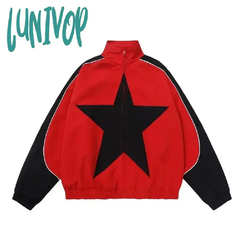 Lunivop Harajuku Streetwear Jackets Women Y2k Aesthetic Star Patchwork Coats All Match Grunge Loose  Contrast Color  Top