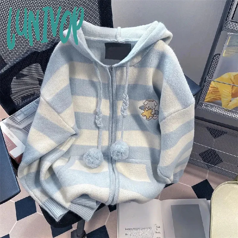 Lunivop Kawaii Hooded Knitted Cardigan Women Sweet Cute Harajuku Zip Up Striped Sweater Cartoon Embroidery Casual Tops Autumn