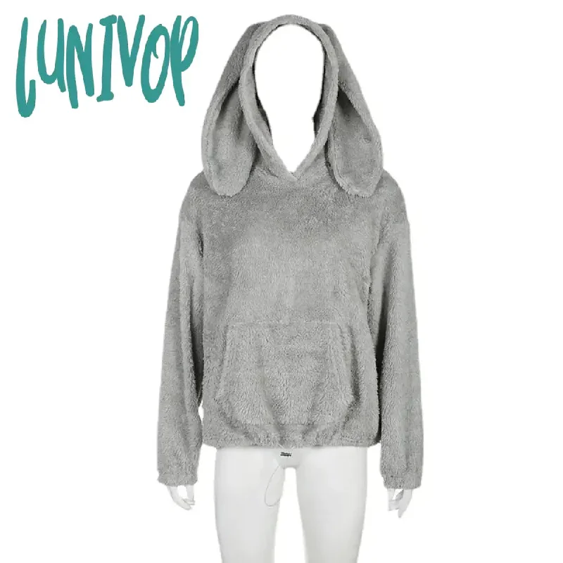 Lunivop Kawaii Rabbit Ears Hoodies for Women Winter Fleece Warm Loose Hooded Harajuku Y2K Casual Pullover Coat Cute Sweet Girls Jacket