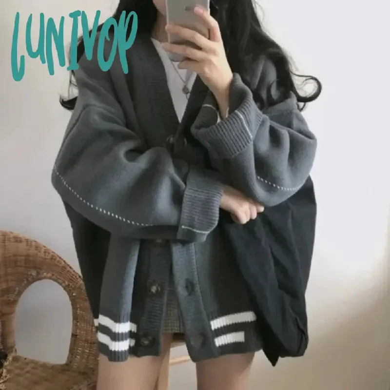 Lunivop Knitted Cardigan Sweaters Women Preppy Style School Warm Tops Knitwear Autumn Korean Fashion Kpop Patchwork