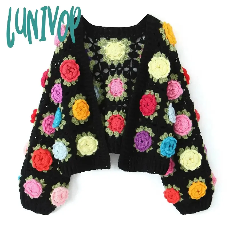 Lunivop Knitted Cardigan Women Autumn Hollow Out Splice Flower Short Sweater Vest Women's Street Fashion Vitage Sweater Woman New