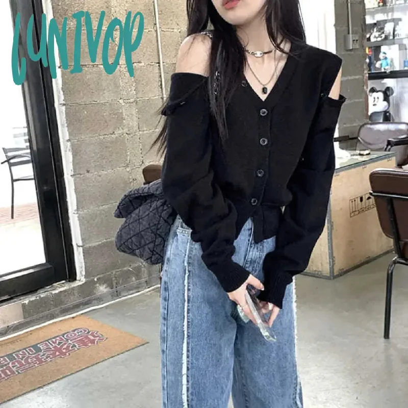 Lunivop Korean Fashion Oversized Cardigan Women Harajuku V-neck Knitted Jumper Sweet Sexy Off Shoulder Long Sleeve Crop Top Y2K