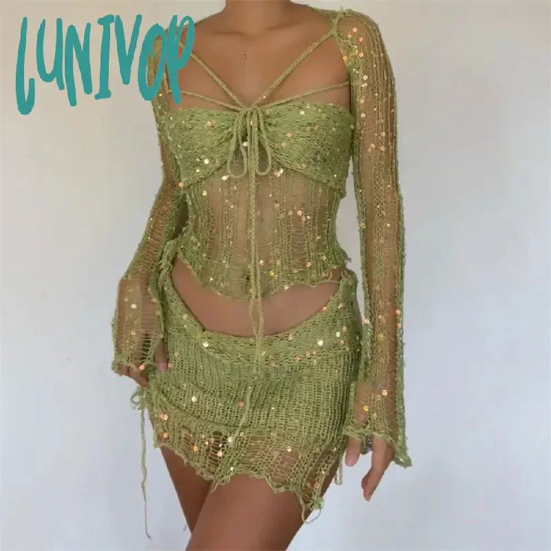 Lunivop  Summer New Women's Beaded Knitted Sweater 4-piece Set Women Cardigan Y2k Gothic Clothes Cardigan Crop Top